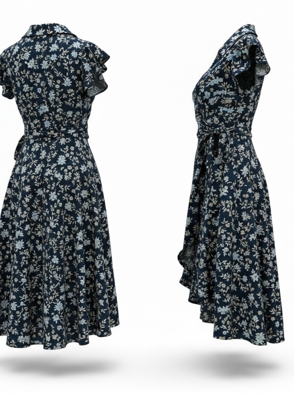 Time and Tru Navy Blue Floral Tie-Waist Midi Dress